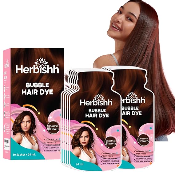 Herbishh Chestnut Brown Bubble Foam Hair Color Dye Shampoo 10x24ml Sachets