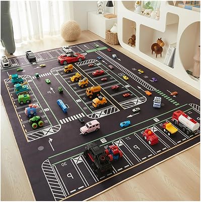 Car Play Rugs, Parking Lot Floor Mat Reading Area Toy Game Carpet Car City Traffic Hopscotch Crawling Mats Rug Non-Slip Kids Room Bedroom CarpetsBlack,120  160cm47  63in