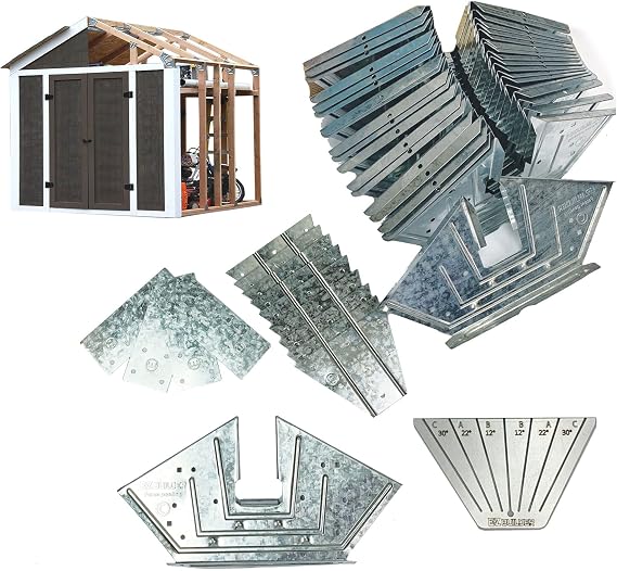 EZBUILDER 7 x 8 Foot Peak Roof Storage Shed Garage Barn DIY EZ Framing Kit with 24 Galvanized Steel Angles and 12 Base Plates (No Wood Included)