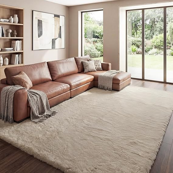 ORINOVA Washable Area Rug 180x270cm for Living Room Camel Beige Plush Faux Bunny Fluffy Fur Rugs for Bedroom Large Shag Nursery Rugs
