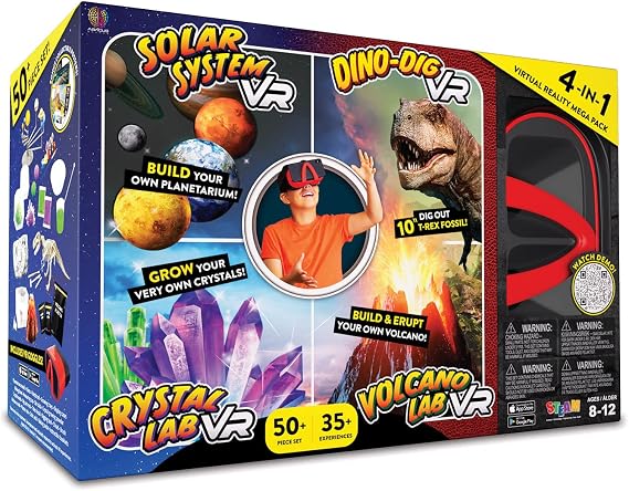 Abacus Brands Virtual Reality 4-in-1 STEM Science Kit for Kids, Ages 8-12 | Dig a T-Rex Fossil, Erupt a Volcano, Grow Crystals & Build a Planetarium, 50+ Pieces, 35+ VR Experiences, Goggles & 4 Posters
