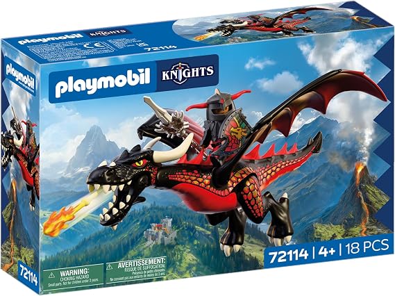 Playmobil | Knights | Black Dragon | Large FireBreathing Dragon with Firing Function and Knight | Dragon Toy for Children Aged 4+ | 72114