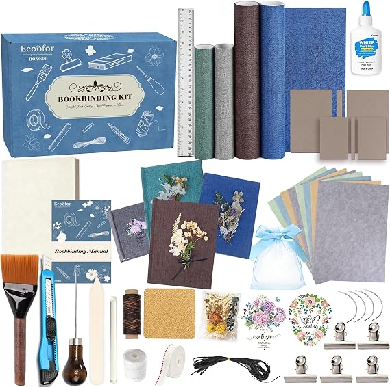 Ecoofor Bookbinding Kit for Beginners, 167 PCS 4 Pack Book Making Kit with A5 Paper, Book Cloth, Awl & Tools, Pressed Flowers & Heat Transfer