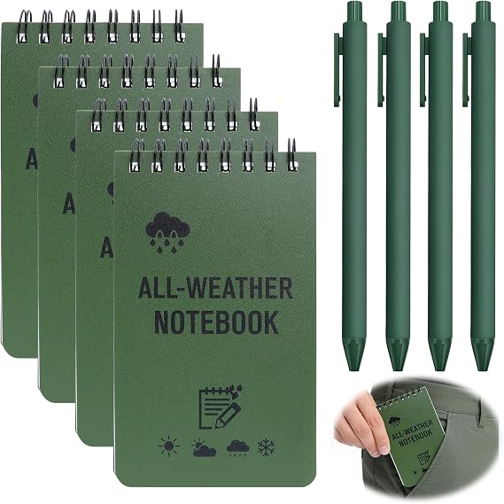 4 Pack Mini Waterproof Notebook, 3x5in Pocket Notepads with 4Kraft Paper Pens All-Weather Memo Pads Military Mini Notebook 50 Page with Top-Spiral for Office, Outdoors, School (Green)