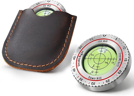 Titanium Steel Golf Green Reader with Genuine Leather Case - High Precision Bubble Level Golf Ball Marker & Putting Alignment Aid - Professional Golfers Gifts for Men Women