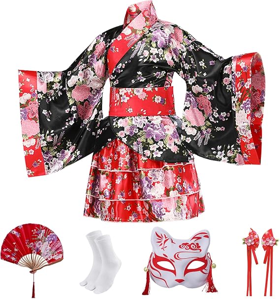 Anime Costumes for Kids Girls Halloween Japanese Kimono Geisha Costume Kids Robes with Accessories