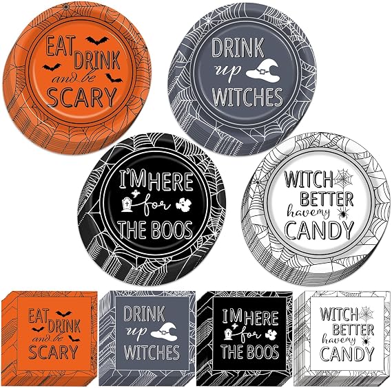 96 Pcs Halloween Party Decorations Halloween Paper Plates and Napkins Halloween Party Supplies Drink up Witches Hat Little Scary Spiderweb Boo Tableware Set for Halloween Disposable Decorations
