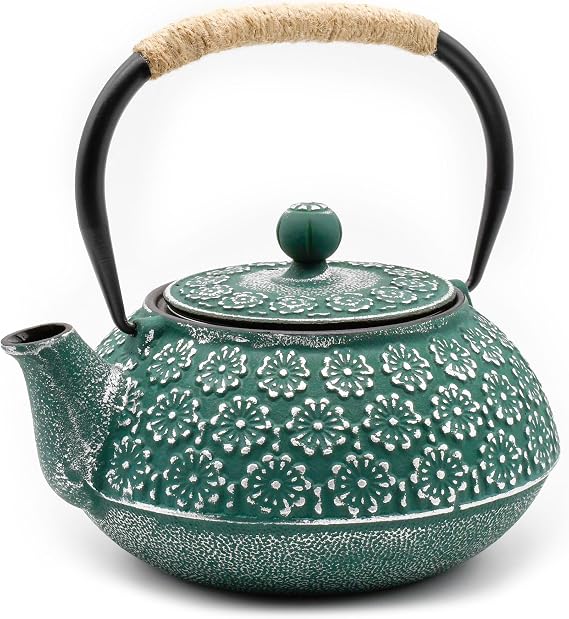 Zen Minded Traditional Japanese Cast Iron Tetsubin Stovetop Teakettle Teapot with Rope-Handle & Stainless-Steel Loose-Leaf Filter for Green Tea & Infusions 900ml - Emerald Green & Silver Blossom