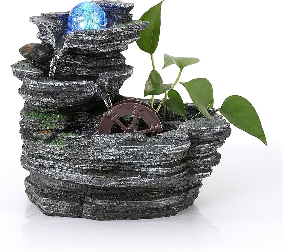 Tabletop Water Fountain, Resin Water Wheel, LED Light,Soothing Sound | Circulating water flow; indoor decor accent; planter space; easy on/off switch; calming desktop centerpiece,Ambient Light