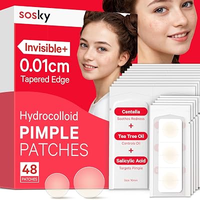 Sosky Pimple Patches for Face, Invisible Hydrocolloid Acne Patches, HSA Store Eligible Items, Zit Sticker for Face and Skin, Pimple Sticker for Covering Zits, Blemishes with Salicylic Acid 48 Count
