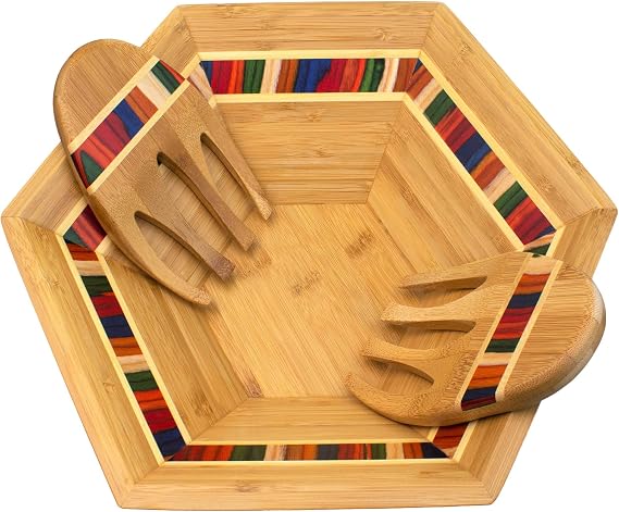 Totally Bamboo Baltique Marrakesh Collection 14" Salad Serving Bowl with Salad Hands, Bamboo and Colored Birch Wood