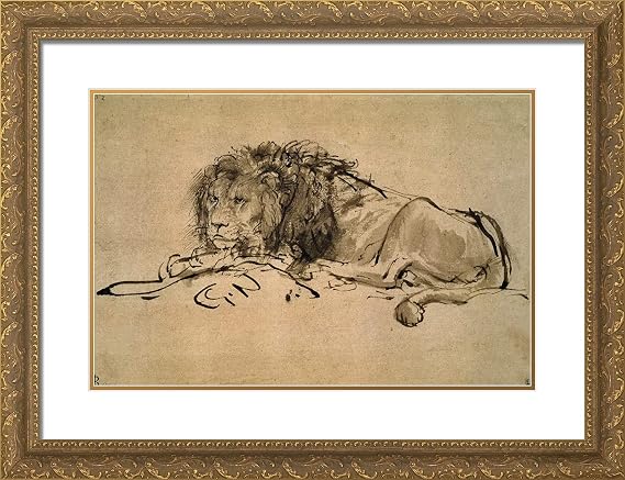 ArtDirect Rembrandt 24x19 Gold Ornate Framed Art Print with Double Matting Titled: Lion Resting II