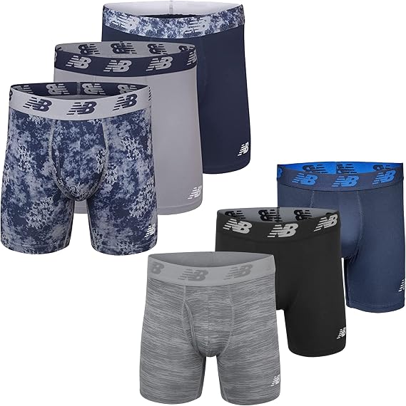 New Balance Men's 6" Boxer Brief Fly Front with Pouch, 6-Pack Bundle, Small (28"-30"), Black/Pigment/Steel/Print/Woodgrain