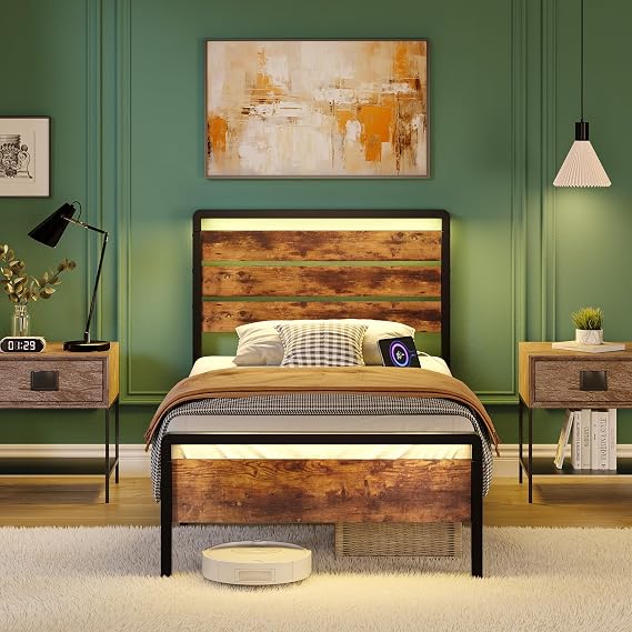 Bonnlo Single Bed Frame with Wooden Headboard, Heavy Duty Legs, 90x190 cm
