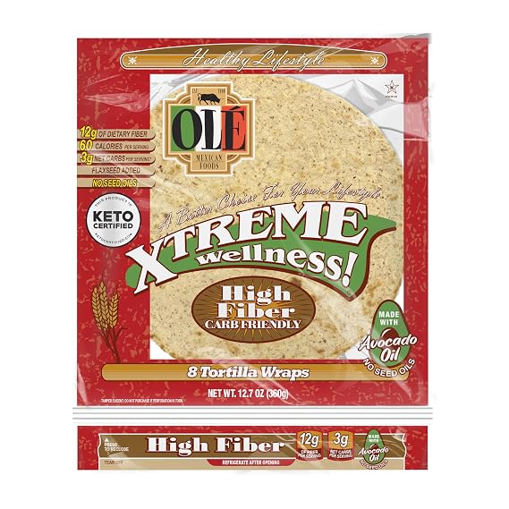 Ole Xtreme Wellness High Fiber | 8" Size Flour Tortillas |Carb Friendly |Keto Certified | 12.7 oz.| 8 Count (Pack of 4)