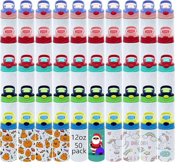 50 PACK 12oz Kids Sublimation Tumbler Bulk,Sublimation Kids Water Bottle with One-click Pop-up Straw Lid and Handle, Spill Proof lid,for Water,Drinks