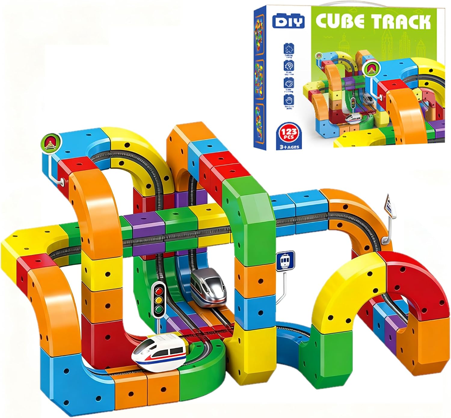 Clickrail Electric Train Set, Track Fusion Toy, Magic Rail Cube Train Set, with Gravity-Defying Motorized Train, 3D Embedded Layouts Train Track Set, DIY Cube Track, for Kids 123PCS