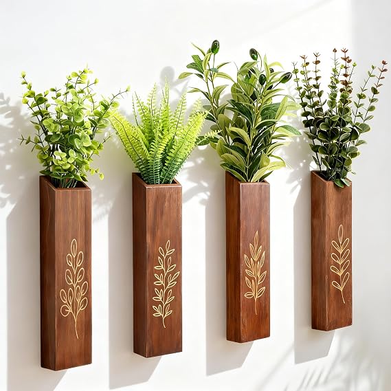 4-Pack Wooden Wall Vases, Slim Pine Wall Planters with 4 Faux Greenery Stems, Adhesive Hooks & Screws, Modern Farmhouse Wall Decor for Living Room, Bedroom, Bathroom (Dark Brown)