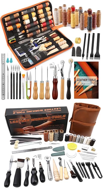 BUTUZE Leather Working Tools, Leather Tool Kit, Practical Leather Craft Kit with Waxed Thread Groover Awl Stitching Punch Hole for Leathercraft Beginner or Adults Gifts -  with Tool Manual