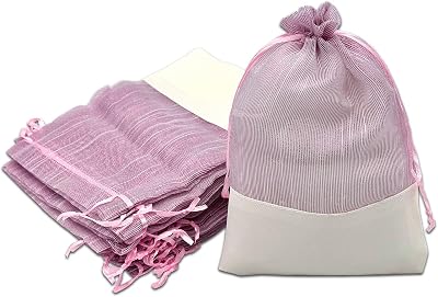 TheDisplayGuys For Your Modern Living 24-Pack Linen & Pink Organza Gift Bags with Drawstrings Large 5 12 x 8 - Party Favors, Samples, Treats Mesh Pouches