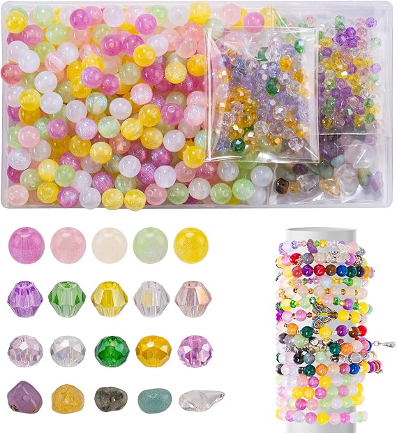 Craft Glass Assorted Beads for Bracelet Making Kit, Including Rondelle Beads, Facted crystal Beads, Ideal for DIY Handmade, Charms, Necklaces & Accessories, Jewelry Making Supplies for Beads Lovers