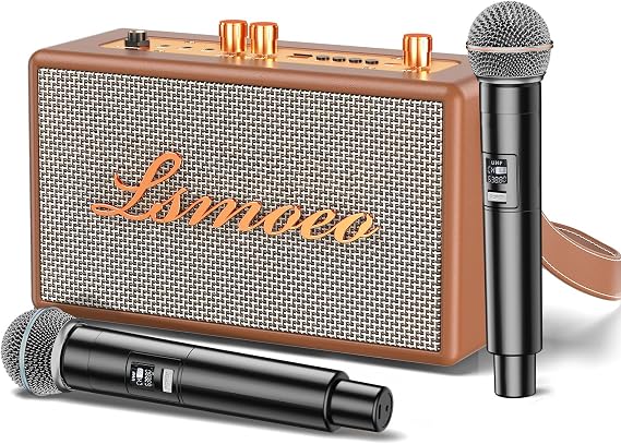 Karaoke Machine for Adults,2 Wireless Microphones for Karaoke Speaker, Portable Microphone and Speaker Support Four-Channel Microphone Expansion for Home Part,Car,Indoor/Vintage Gifts-Brown