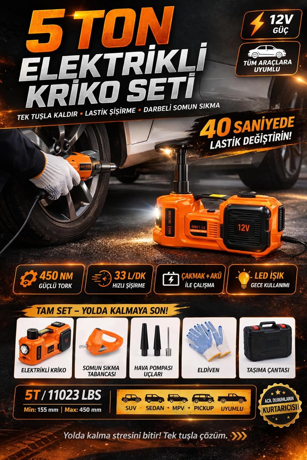 5 Ton Elektrikli Kriko Seti 12V, 3’ü 1 Arada Hidrolik Araç Krikosu Somun Sıkma Tabancası Hava Kompresörü, 450NM Tork, LED Işıklı, SUV Sedan Pickup Uyumlu Acil Yol Seti ENJK1