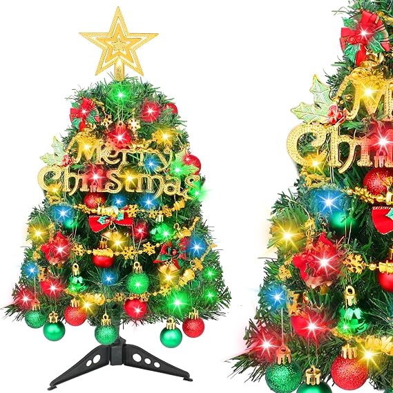 Mini Christmas Tree 20 Inch with Lights, Small Artificial Tabletop Xmas Tree with Ornaments – DIY Miniature Christmas Table Top Decorations for Home Office Kitchen Bedroom Desk (Red Green)