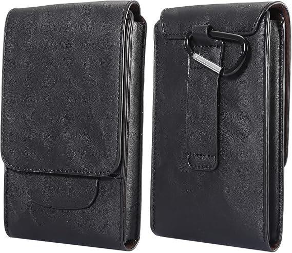Vertical Phone Belt Pouches for Men, Leather Mobile Phone Belt Pouch Men, 6.3" Universal Leather Waist Pack Cellphone Case Smartphone Belt Loop Holder Wallet Handbag with Carabiner Hook, Black