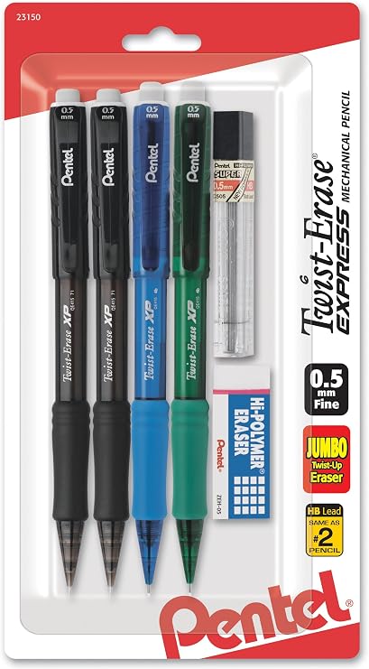 Pentel Twist-Erase Express Mechanical Pencil, (0.5mm), Assorted Barrel Colors (QE415LZBP4)