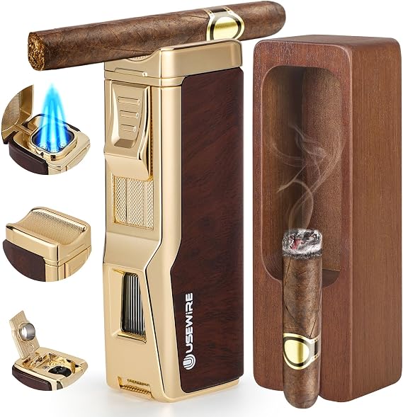 Cigar Lighter and Ashtray Set, Quad Windproof Jet Flame, with Cigar Holder and Cigar Punch, Refillable Butane Gas Lighter, Multifunctional Cigar Accessories Gift Set