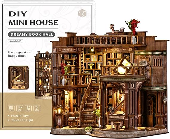 DIY Miniature Dollhouse Book Nook Kit, 3D Wooden Puzzle Craft Kits with Light, Tiny House Bookshelf Decor Model Building for Adults, Holiday&Birthday Gifts for Family,Friends,Book Lovers