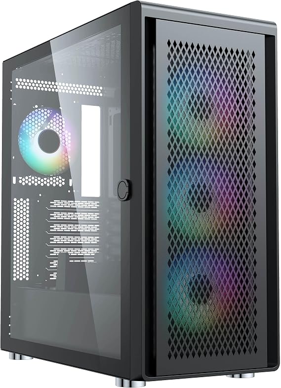 Air 100 Midi Tower PC Case Large Metal Mesh Front Tempered Glass Side Window 4 x 120 mm A-RGB Hydro Bearing Fans GPU up to 383 mm Removable Mesh Lid ATX Power Supply Black