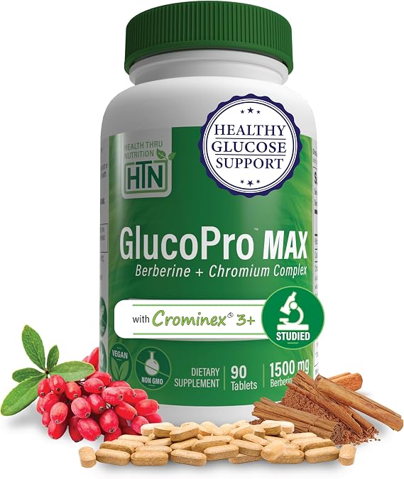 Health Thru Nutrition GlucoPro Max - with 1500mg Berberine 90 Tablets | Glucose Support Berberine Supplement with Chrominex + Chromium, and 1,000mg Cinnamon | Vegan, Non-GMO, Gluten Free