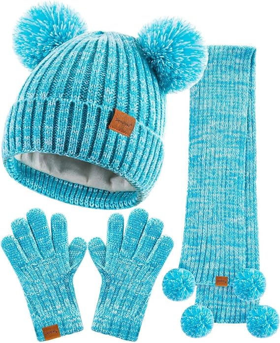 Kids Winter Hat Gloves Scarf Set, Girls Toddler Children Beanie with Pom Knit Neck Warmer Gaiter Mittens Fleece Lined Set(Mint Green Mix)