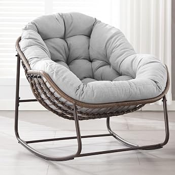 Outdoor Patio Rocking Chairs Oversized Papasan Rocking Chair for Indoor Use with Padded Cushion - Egg Rocking Chair for Living Room Porch Garden Patio Backyard