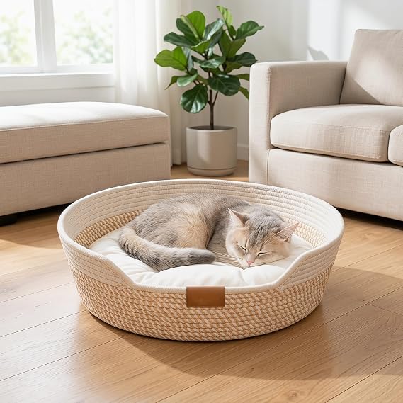 50cm Cotton Rope Woven Cat Bed Nest | Round Washable Breathable Cat Basket with Cushion, All-Season Pet Sleeping Nest for Indoor Cats & Small Dogs