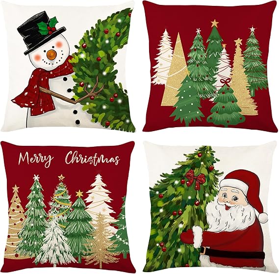 DUZXLCQ Christmas Pillow Covers 18x18 inch Set of 4 for Christmas Decorations Christmas Throw Pillow Case Decor for Farmhouse Home Sofa Couch Bed Outdoor Winter Holiday Christmas Tree Snowman