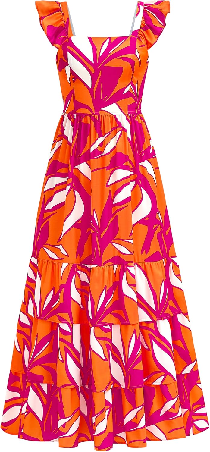 dowerme Summer Dresses for Women 2025 Casual Ruffle Smocked Tiered A-Line Boho Floral Maxi Beach Sun Dress with Pockets