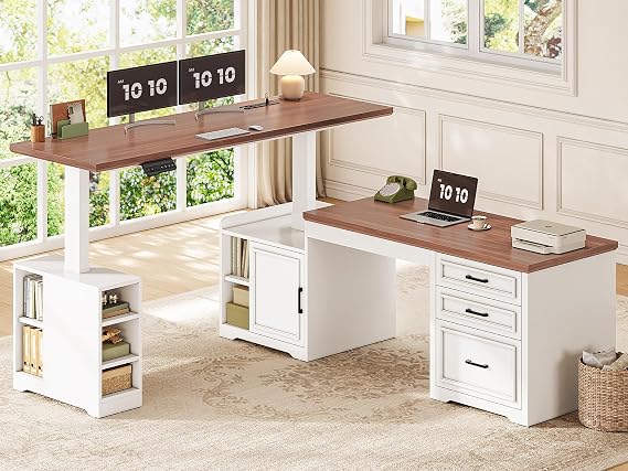SEDETA Farmhouse L Shaped Standing Desk with Storage for Home Office, White