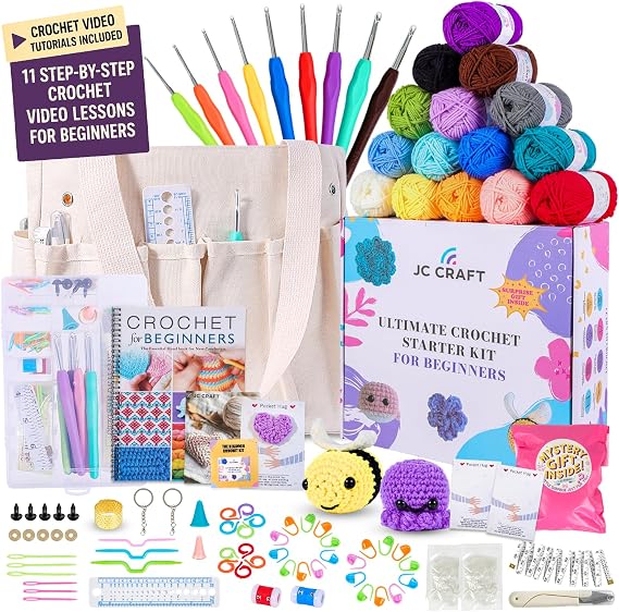 JC CRAFT Beginner Crochet Kit 81 Piece Starter Set with 15 Colorful Yarns, Ergonomic Hooks, Complete Supplies, White Tote Bag, Accessories Case, Guide Book & Online Video Lessons