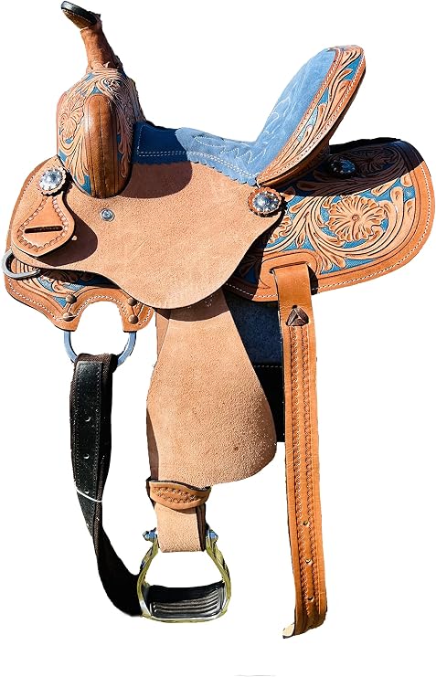 RESISTANCE Western Kids Horse Barrel Saddle for Horse Riding, Western Youth Child Genuine Leather Saddle Floral Tooled Trail Saddle with Silver Conchos