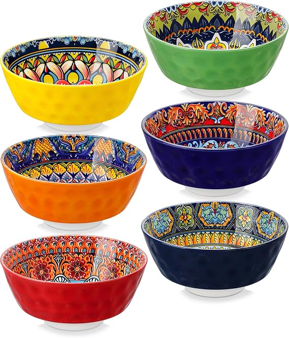 vancasso Boho Cereal Bowls Set of 6, 26 oz Ceramic Soup Bowls with Colorful Bohemian Pattern, Microwave & Dishwasher Safe Serving Bowls for Salad, Oatmeal, Pasta, KRVI Series