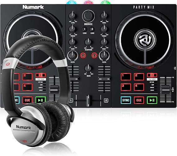 Numark Party mix II + HF 125 - DJ Controller/DJ Set for Beginners with Built-In DJ Lights & DJ Mixer for Serato DJ Lite and Ultra-Portable Professional DJ Headphones