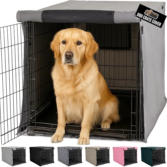 GORILLA GRIP Dog Crate Covers, Wire Kennel Topper, 42 in, Gray | Compatible with Amazon Basics Dog Crates, Light Reducing Privacy Cover Opens on All Sides, Breathable Mesh Windows