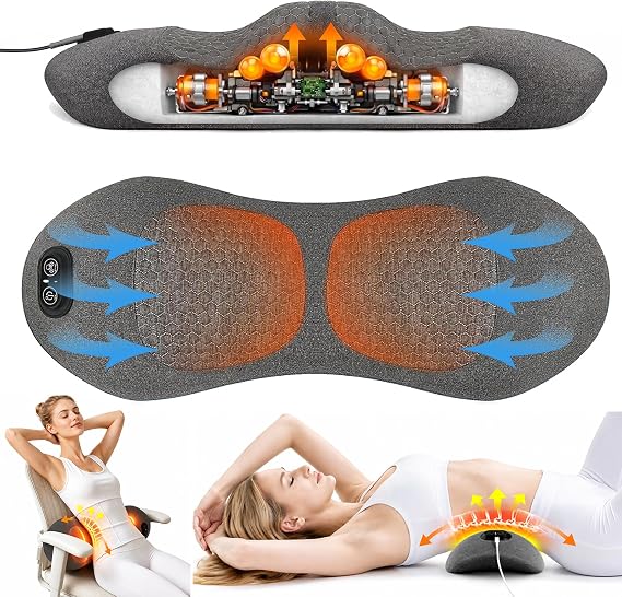 Lower Back Massager for Bed & Chair, Heat Vibration Traction Lumbar Support | Spine Triple Fusion Back Massager for Bed