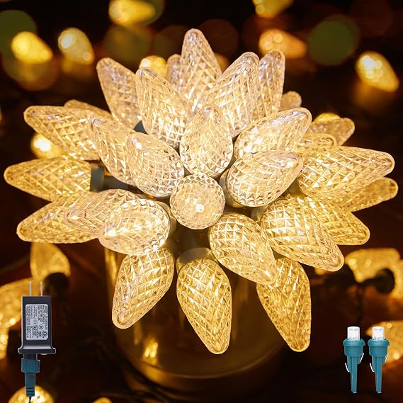 C9 LED Christmas Lights Outdoor Timer 8 Modes 100 Lights Warm White