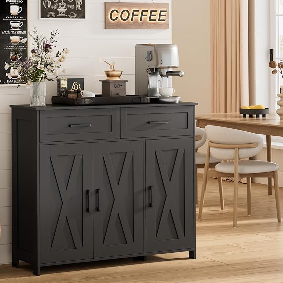 Homhedy Sideboard Buffet Cabinet Coffee Bar Storage Cabinet with Drawers and Doors Farmhouse Kitchen Cabinet with Adjustable Shelves for Kitchen Dining Living Room Black | サイドボード キャビネット 扉付き ファームハウス ビュッフェ キャビネット 調節可能 棚 キッチン ダイニング リビング ブラック