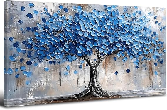 Tree of Life Wall Art Navy Blue Wall Decor Abstract Nature Trees Landscape Picture Canvas Prints for Living Room Modern Home Decor Blossoms Flower Painting Poster Aesthetic Artwork Decoration 20x40”