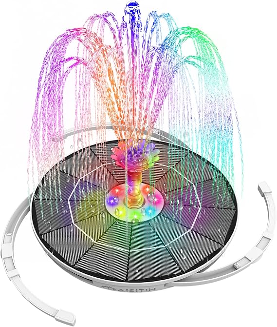 AISITIN 6.5W Solar Fountain Pump with Colorful LED Lights & 3000mAh Battery, Solar Bird Bath Fountain with Retractable Bracket and 8 Nozzles, Outdoor Water Pump for Bird Bath, Garden, Pond